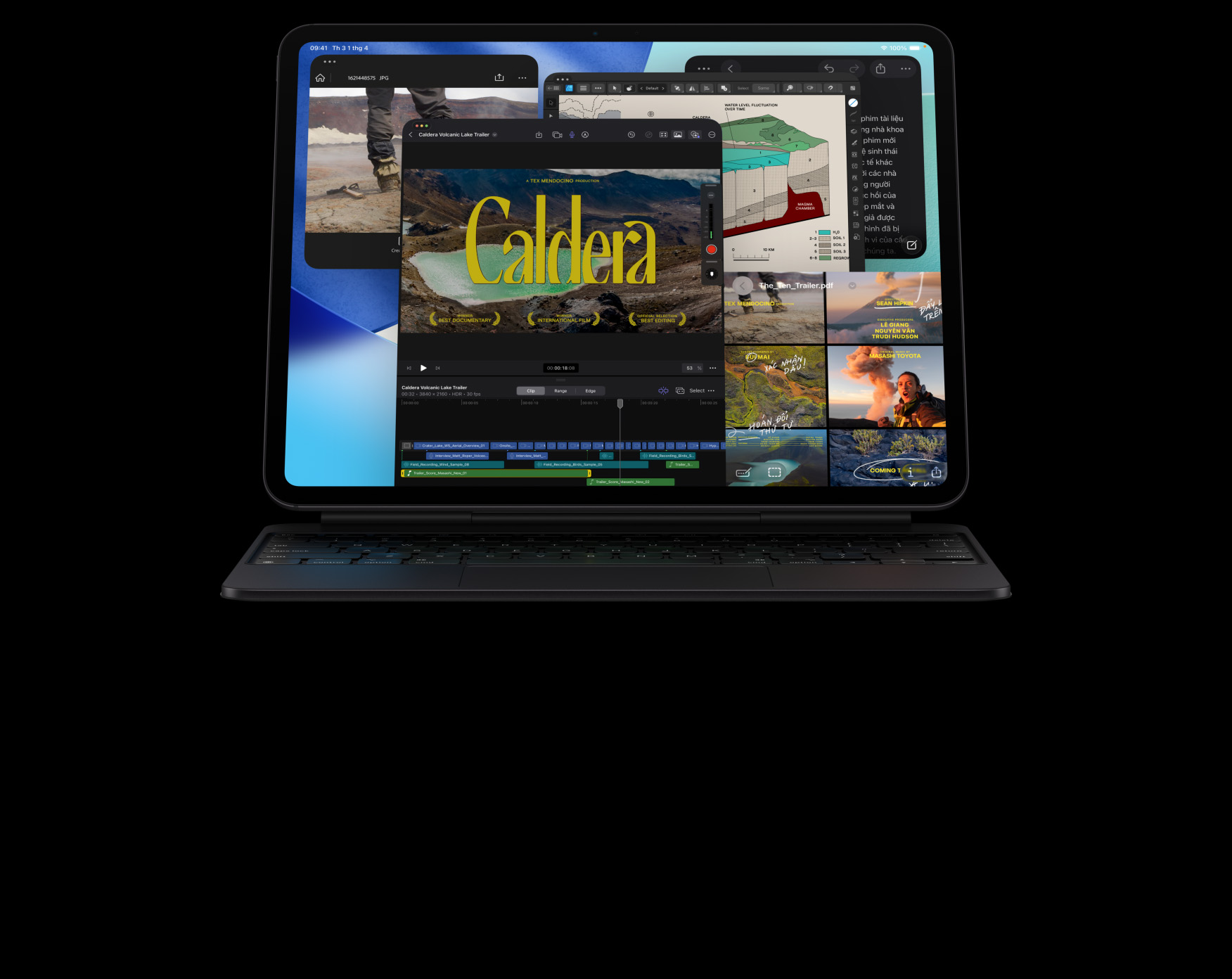 iPad Pro, vỏ ngoài mặt trước, nằm ngang, màu đen không gian, gắn với Magic Keyboard, màu đen không gian, màn hình hiển thị nhiều cửa sổ ứng dụng: Final Cut Pro với nhiều tính năng chỉnh sửa video và dòng thời gian, Bản Đồ, Ghi Chú, clip phương tiện