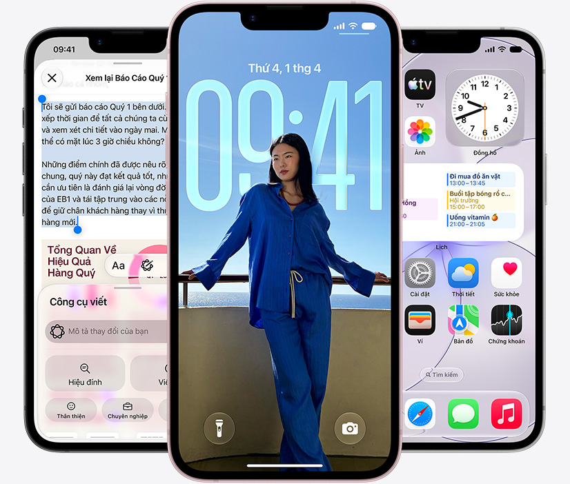 Ba thiết bị iPhone 17e, hiển thị ứng dụng Tin Nhắn đang gửi tin nhắn qua vệ tinh, Màn Hình Khóa hiển thị ảnh của một người và thông báo sự kiện lịch, và ảnh chụp màn hình với Apple Intelligence đang được sử dụng